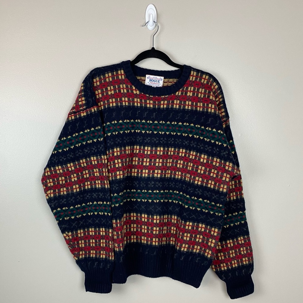 Vintage Multicolor Patterned Crewneck Sweater - Navy, Red, Green, Yellow